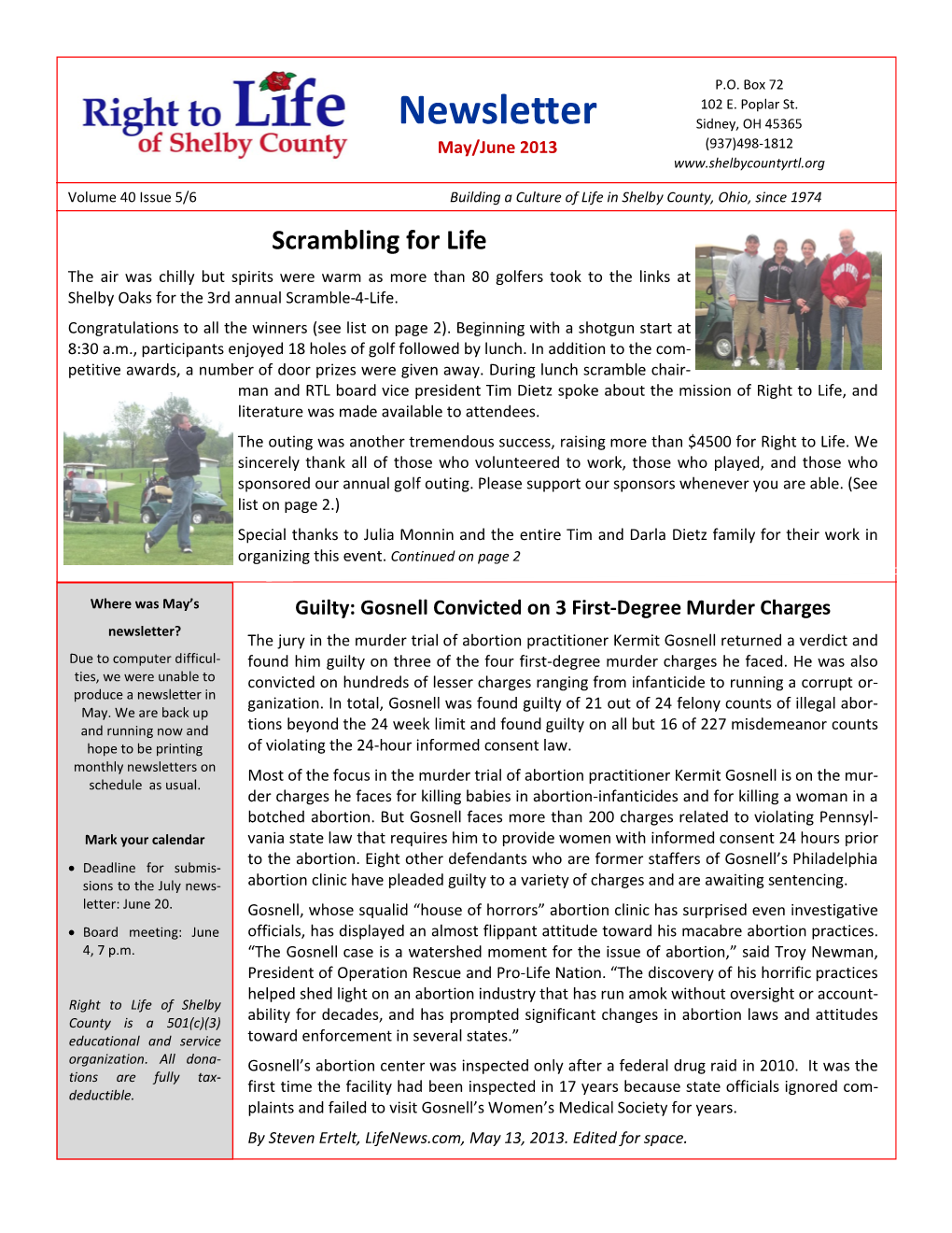 Newsletter Sidney, OH 45365 May/June 2013 (937)498-1812