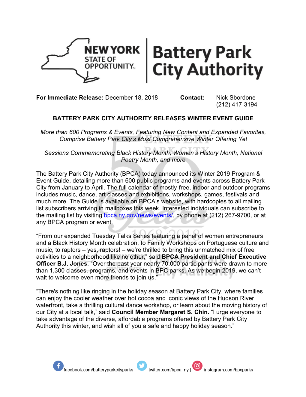 For Immediate Release: December 18, 2018 Contact: Nick Sbordone (212) 417-3194