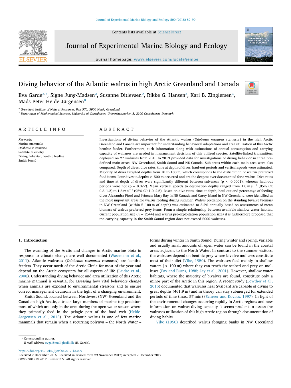 Diving Behavior of the Atlantic Walrus in High Arctic Greenland and Canada T ⁎ Eva Gardea, , Signe Jung-Madsena, Susanne Ditlevsenb, Rikke G