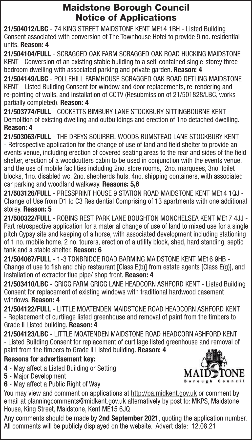 Maidstone Borough Council Notice of Applications