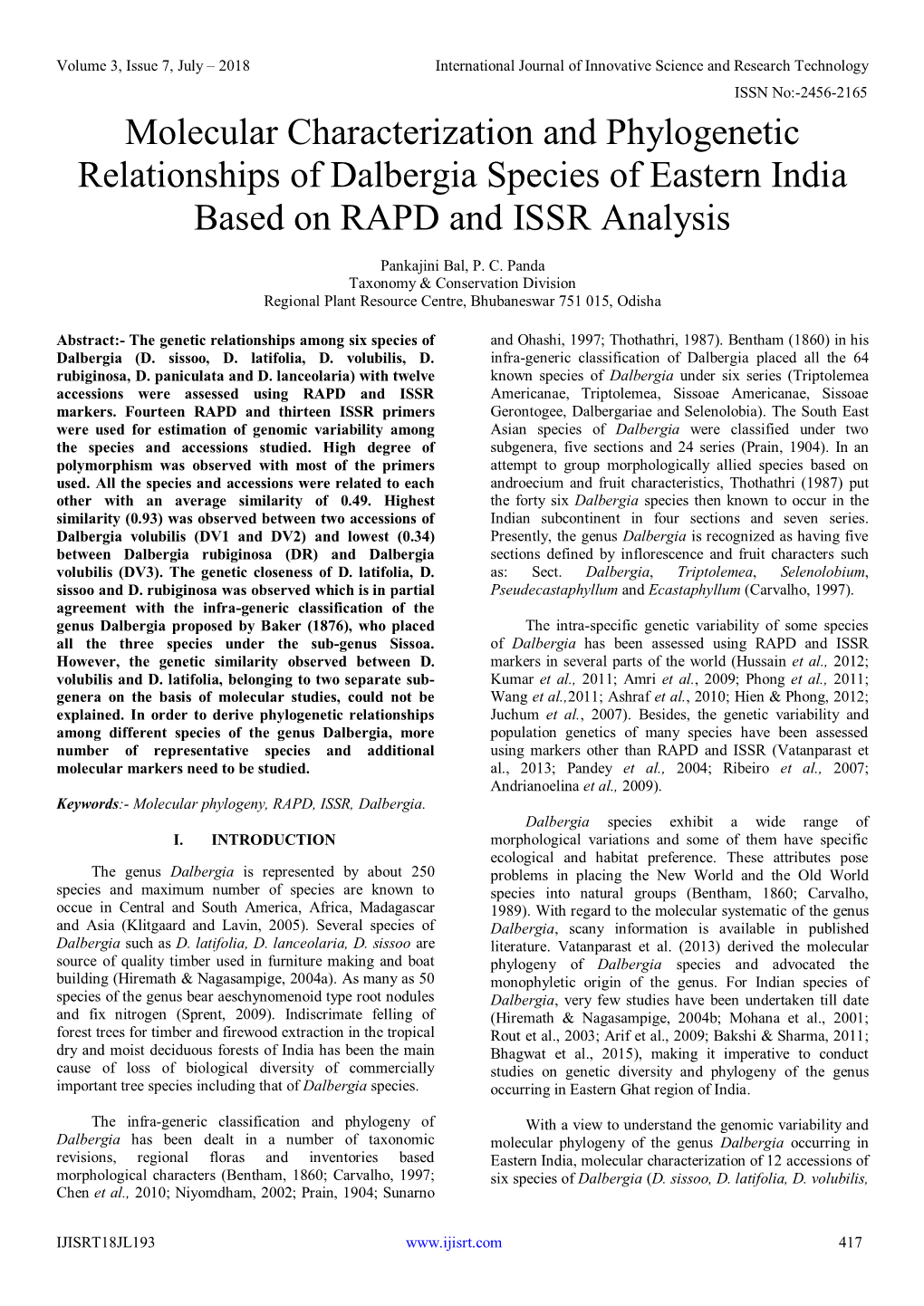 Molecular Characterization and Phylogenetic Relationships of Dalbergia Species of Eastern India Based on RAPD and ISSR Analysis