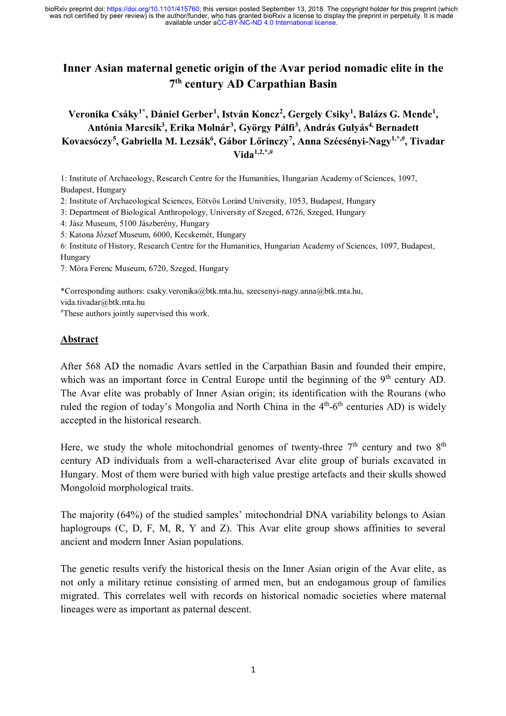 Inner Asian Maternal Genetic Origin of the Avar Period Nomadic Elite in the 7Th Century AD Carpathian Basin