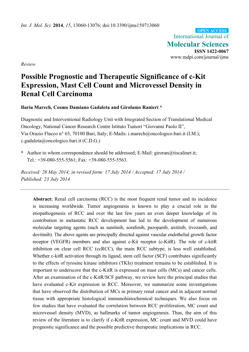 Possible Prognostic and Therapeutic Significance of C-Kit Expression, Mast Cell Count and Microvessel Density in Renal Cell Carcinoma