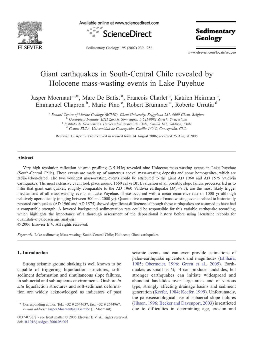 Giant Earthquakes in South-Central Chile Revealed by Holocene Mass