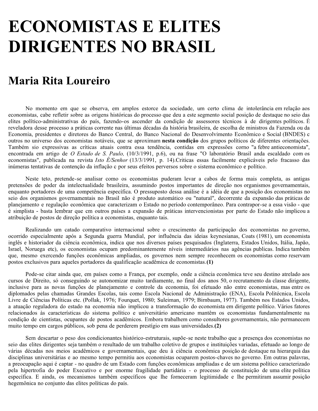 Economistas E Elites Dirigentes No Brasil