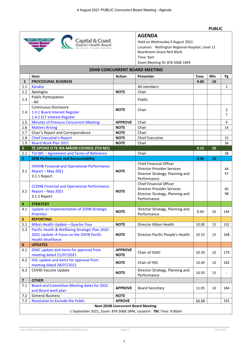 4 August 2021 PUBLIC Concurrent Board Meeting - Agenda