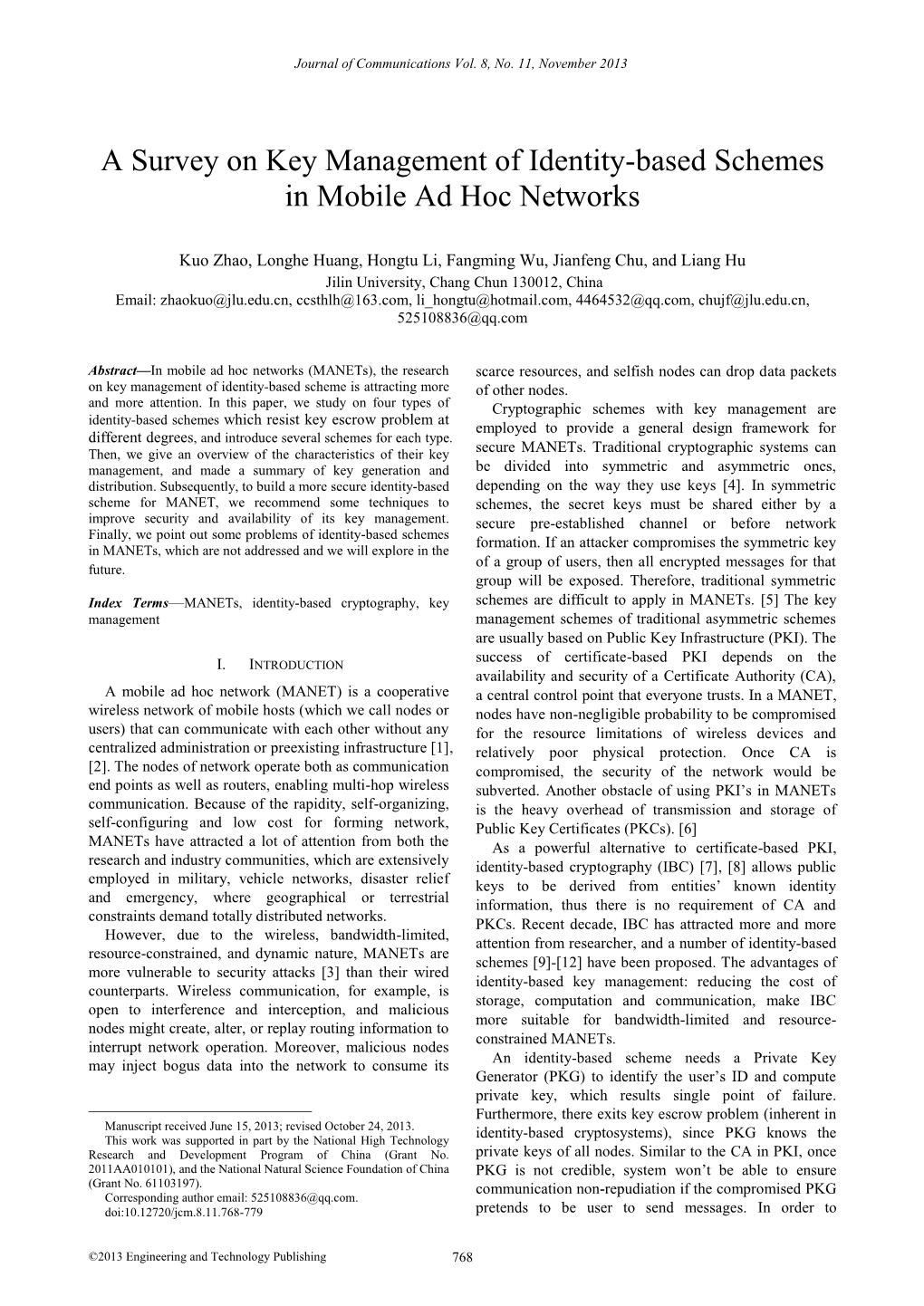 A Survey on Key Management of Identity-Based Schemes in Mobile Ad Hoc Networks