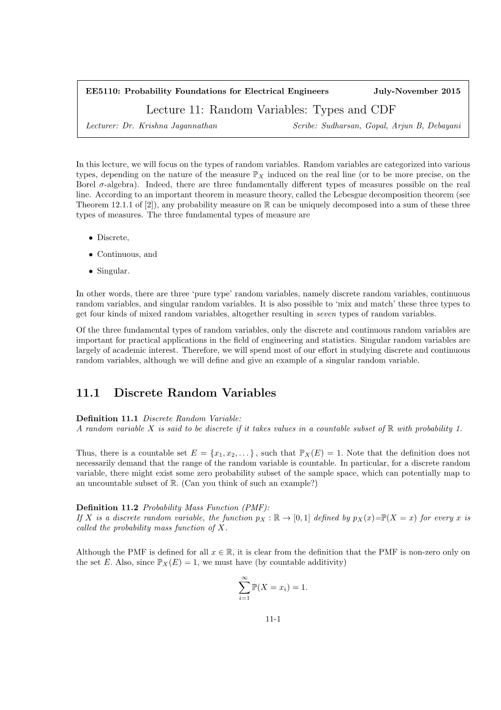 Lecture 11: Random Variables: Types and CDF Lecturer: Dr