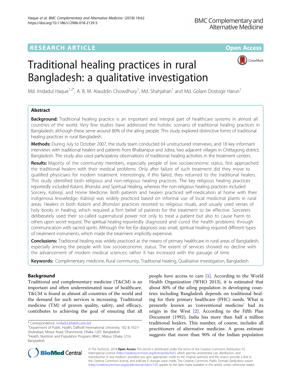 Traditional Healing Practices in Rural Bangladesh: a Qualitative Investigation Md
