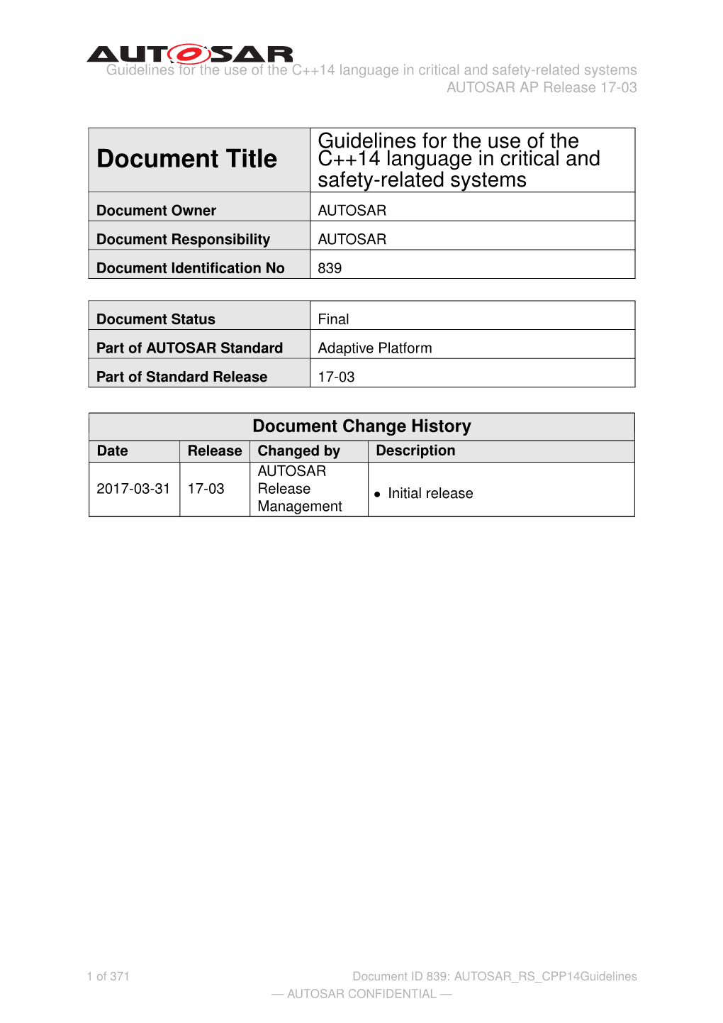 Guidelines for the Use of the C++14 Language in Critical and Safety-Related Systems AUTOSAR AP Release 17-03