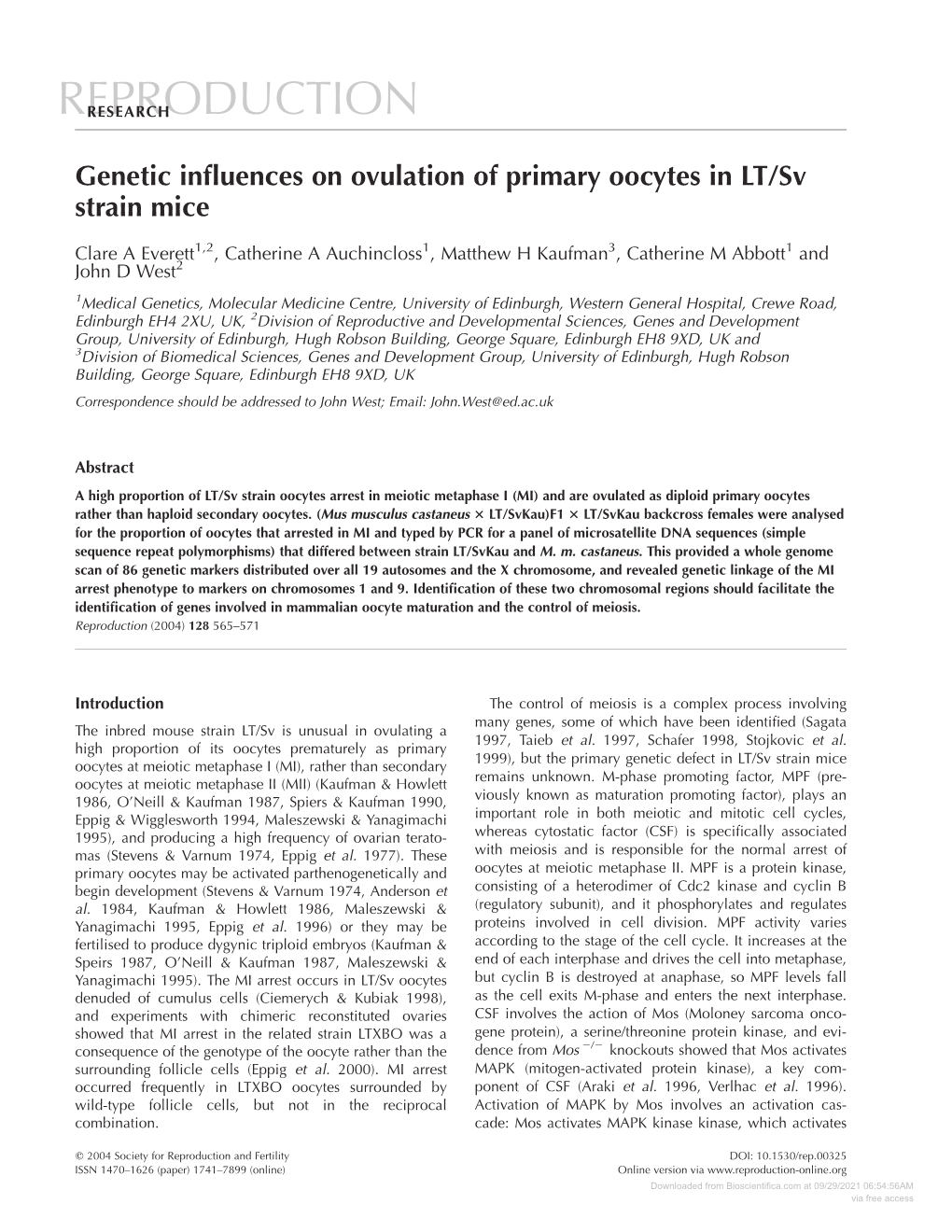 Genetic Influences on Ovulation of Primary Oocytes in LT/Sv Strain Mice