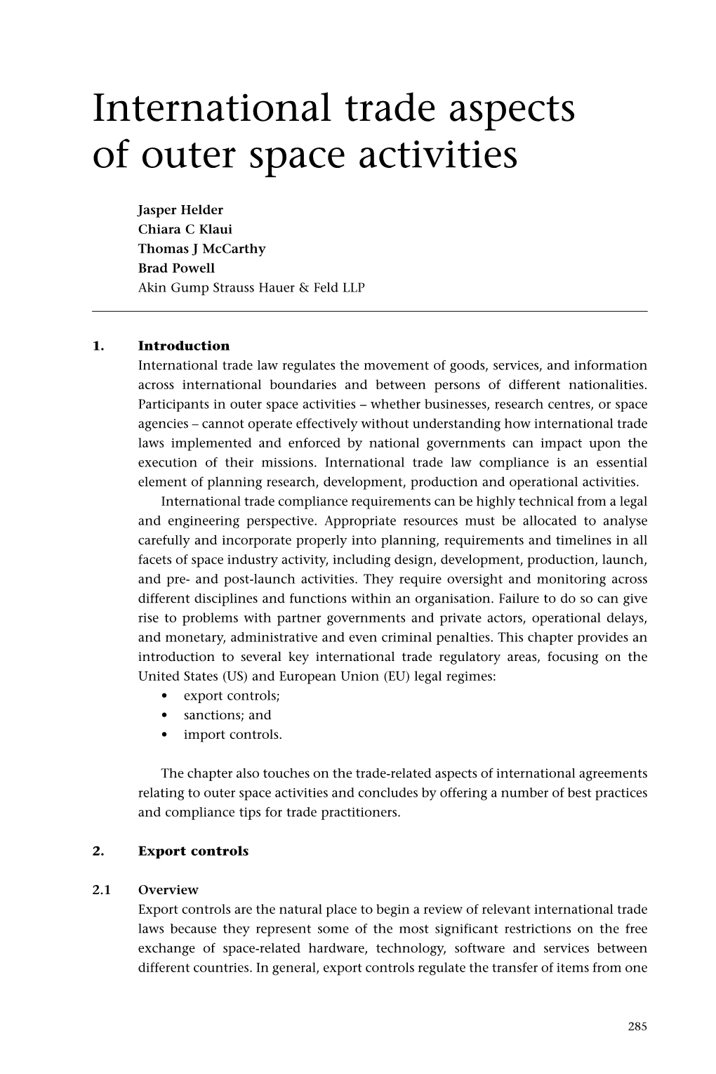 International Trade Aspects of Outer Space Activities