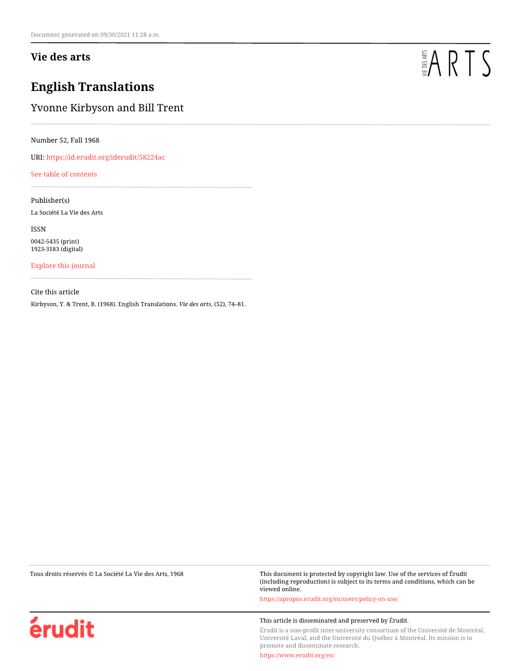 English Translations Yvonne Kirbyson and Bill Trent