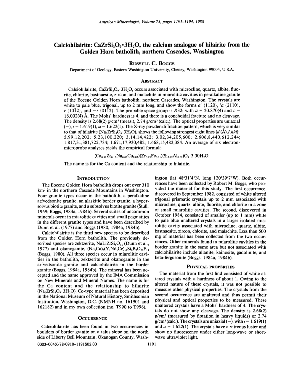 Cazrsi309. 3H20, the Calcium Analogue of Hilairite from the Golden Horn Batholith, Northern Cascades, Washington