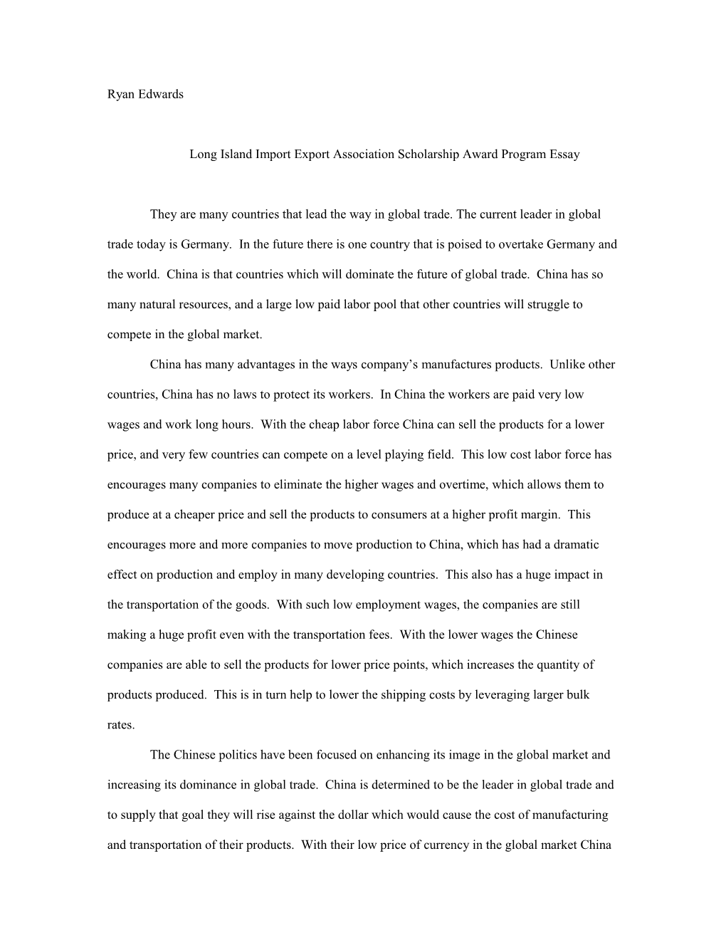 Long Island Import Export Association Scholarship Award Program Essay