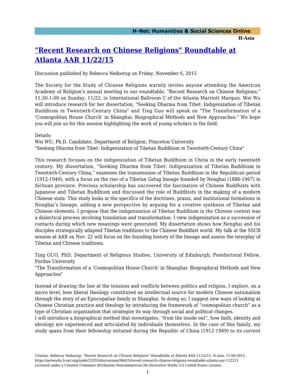 "Recent Research on Chinese Religions" Roundtable at Atlanta AAR 11/22/15