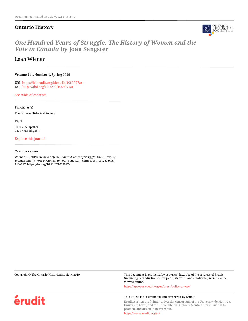The History of Women and the Vote in Canada by Joan Sangster Leah Wiener