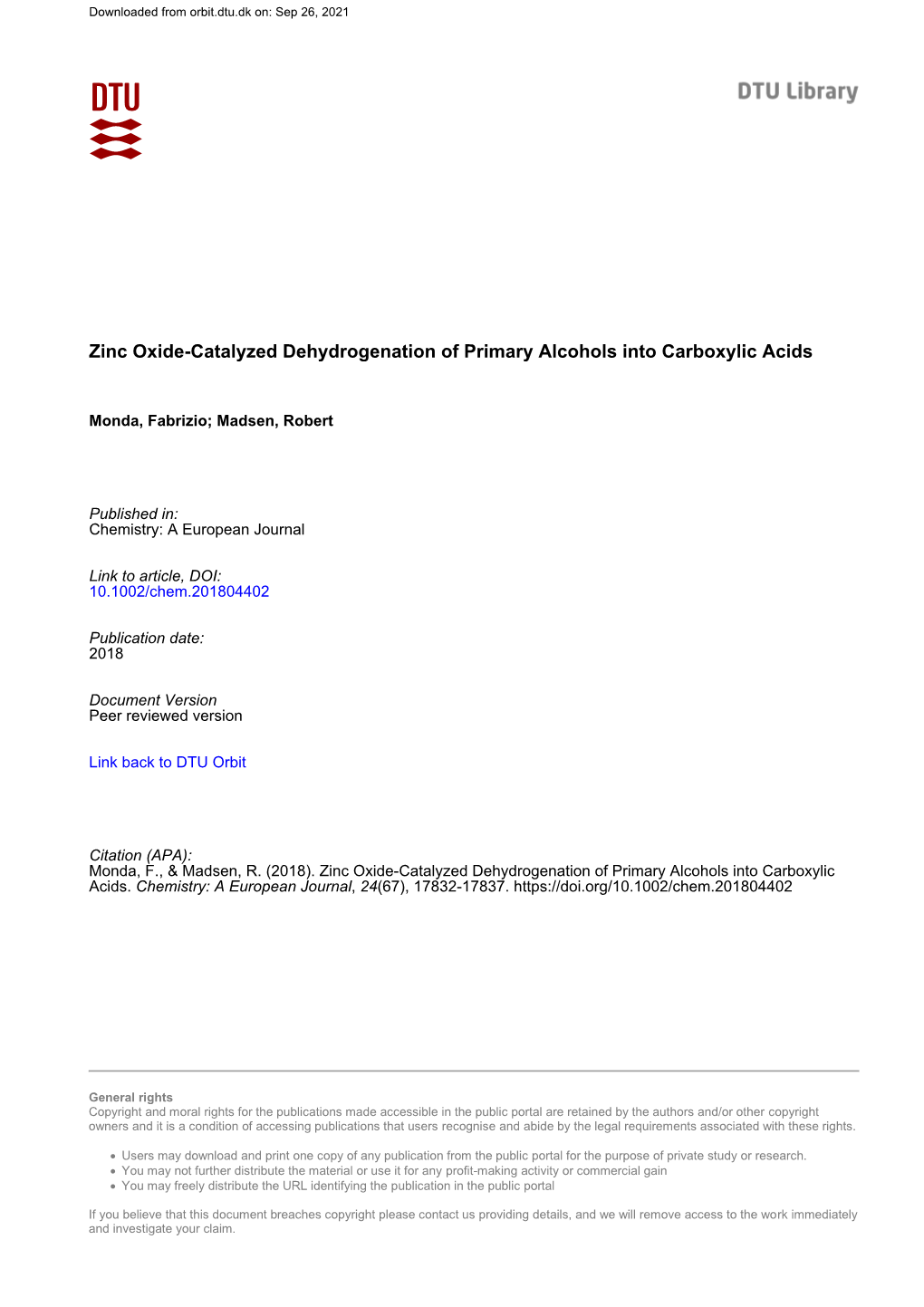 Zinc Oxide-Catalyzed Dehydrogenation of Primary Alcohols Into Carboxylic Acids