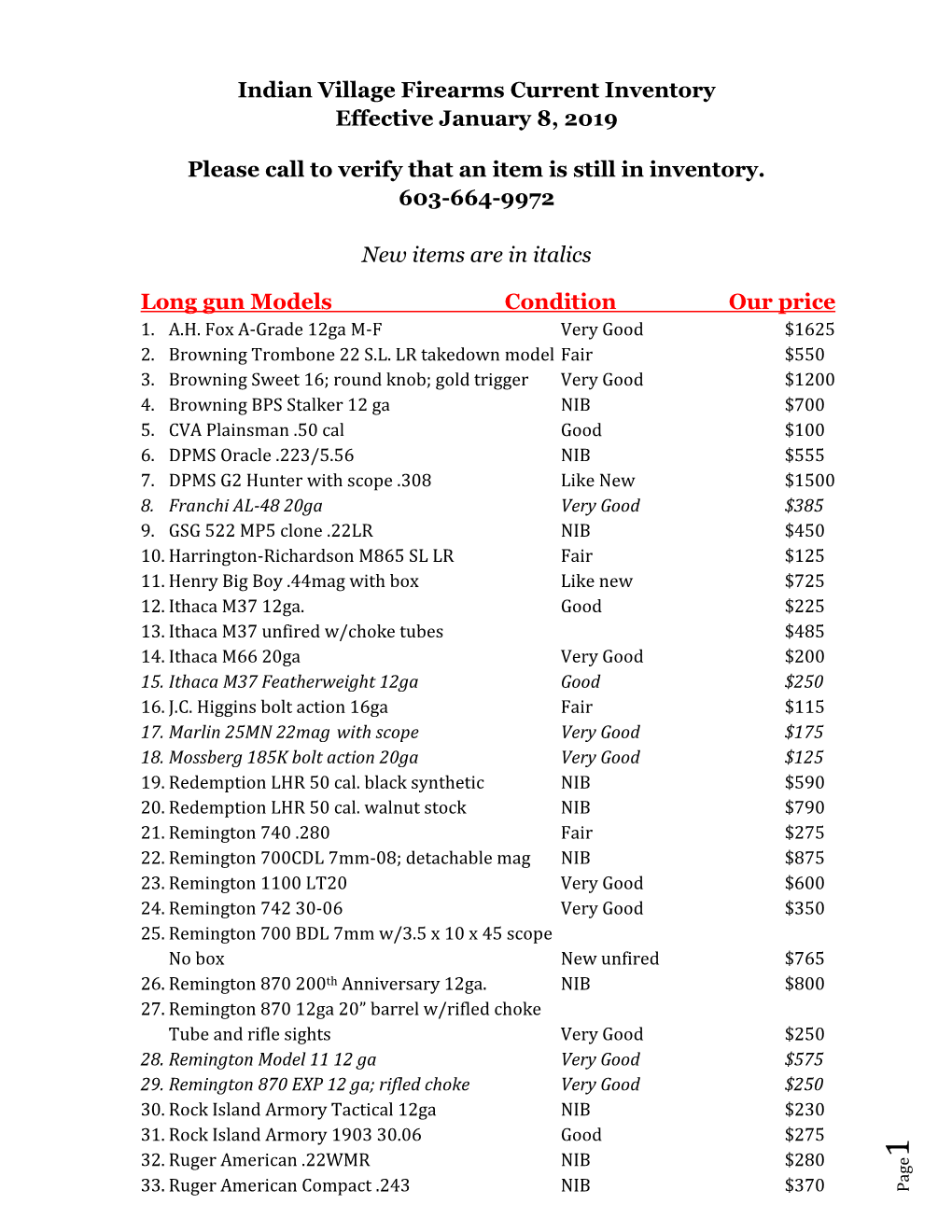 Indian Village Firearms Current Inventory Effective January 8, 2019