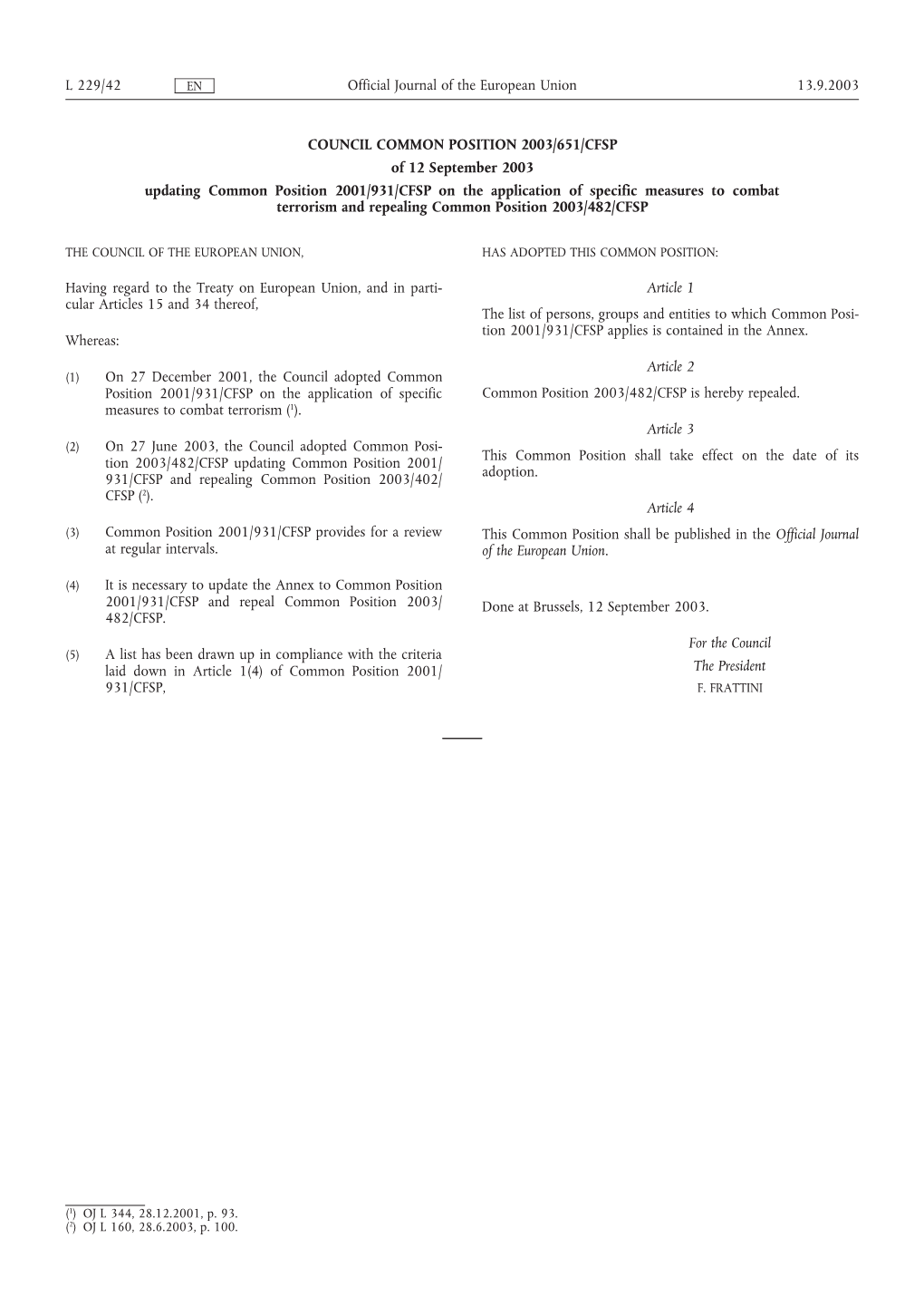 COUNCIL COMMON POSITION 2003/651/CFSP of 12 September