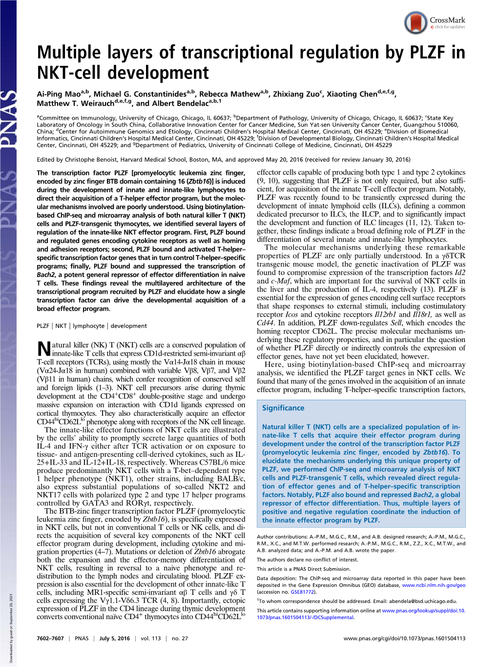 Multiple Layers of Transcriptional Regulation by PLZF in NKT-Cell Development