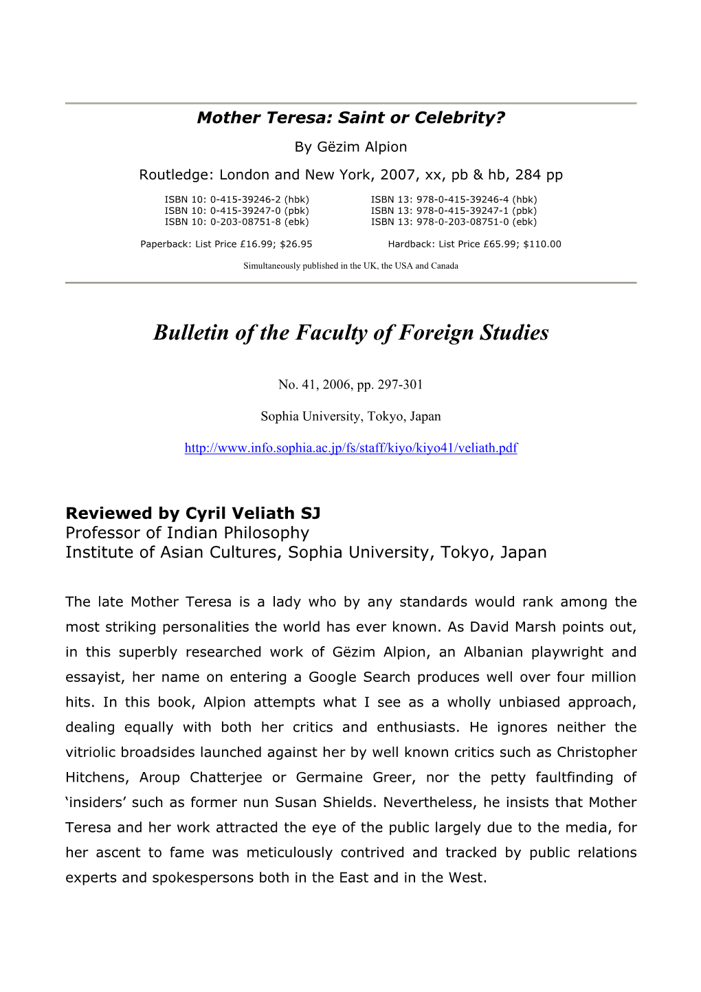 Cyril Veliath, Bulletin of the Faculty of Foreign Studies, No. 41, 2006