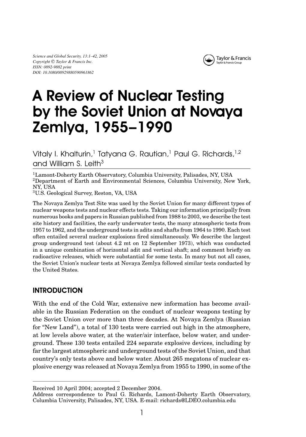 A Review of the Nuclear Testing by the Soviet Union at Novaya Zemlya