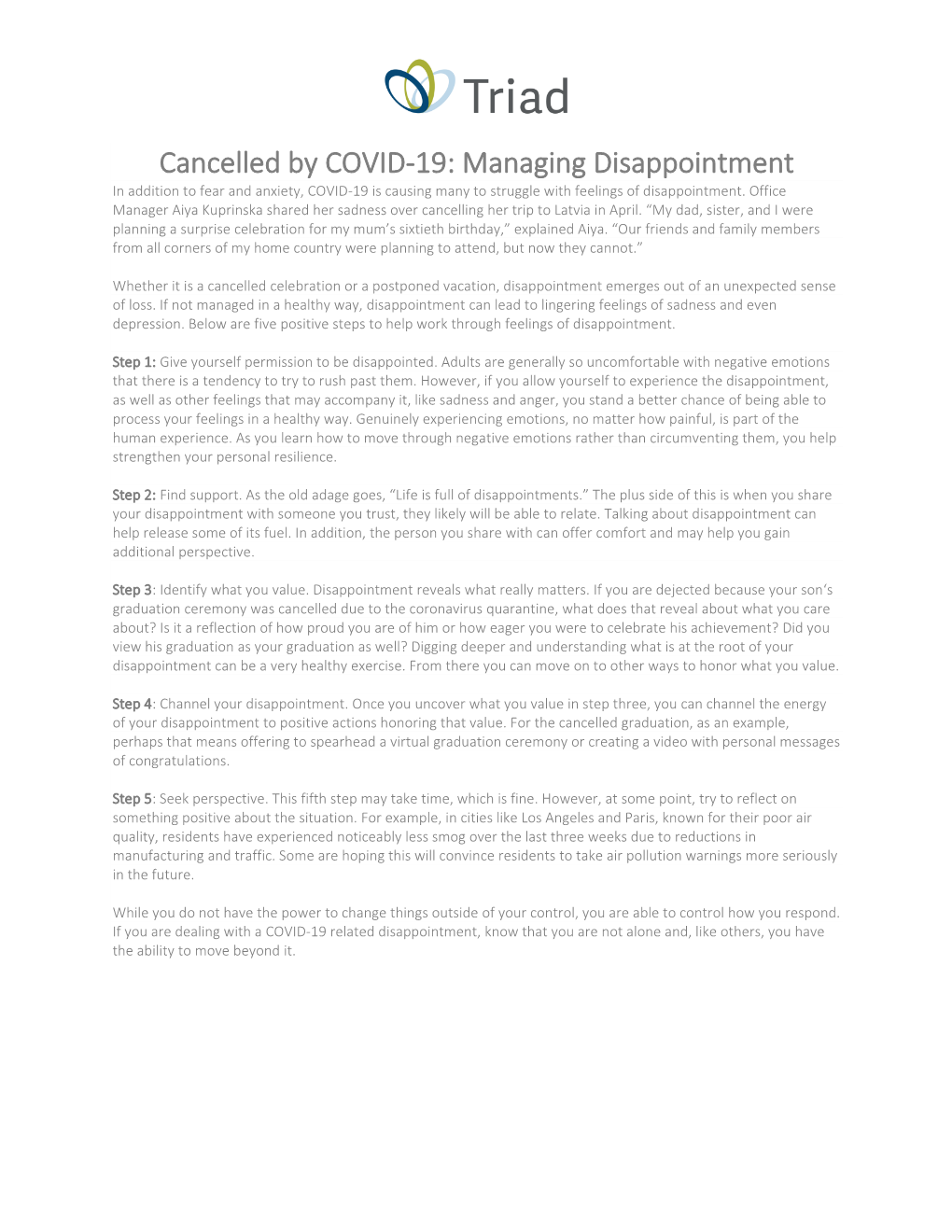 Cancelled by COVID-19: Managing Disappointment in Addition to Fear and Anxiety, COVID-19 Is Causing Many to Struggle with Feelings of Disappointment