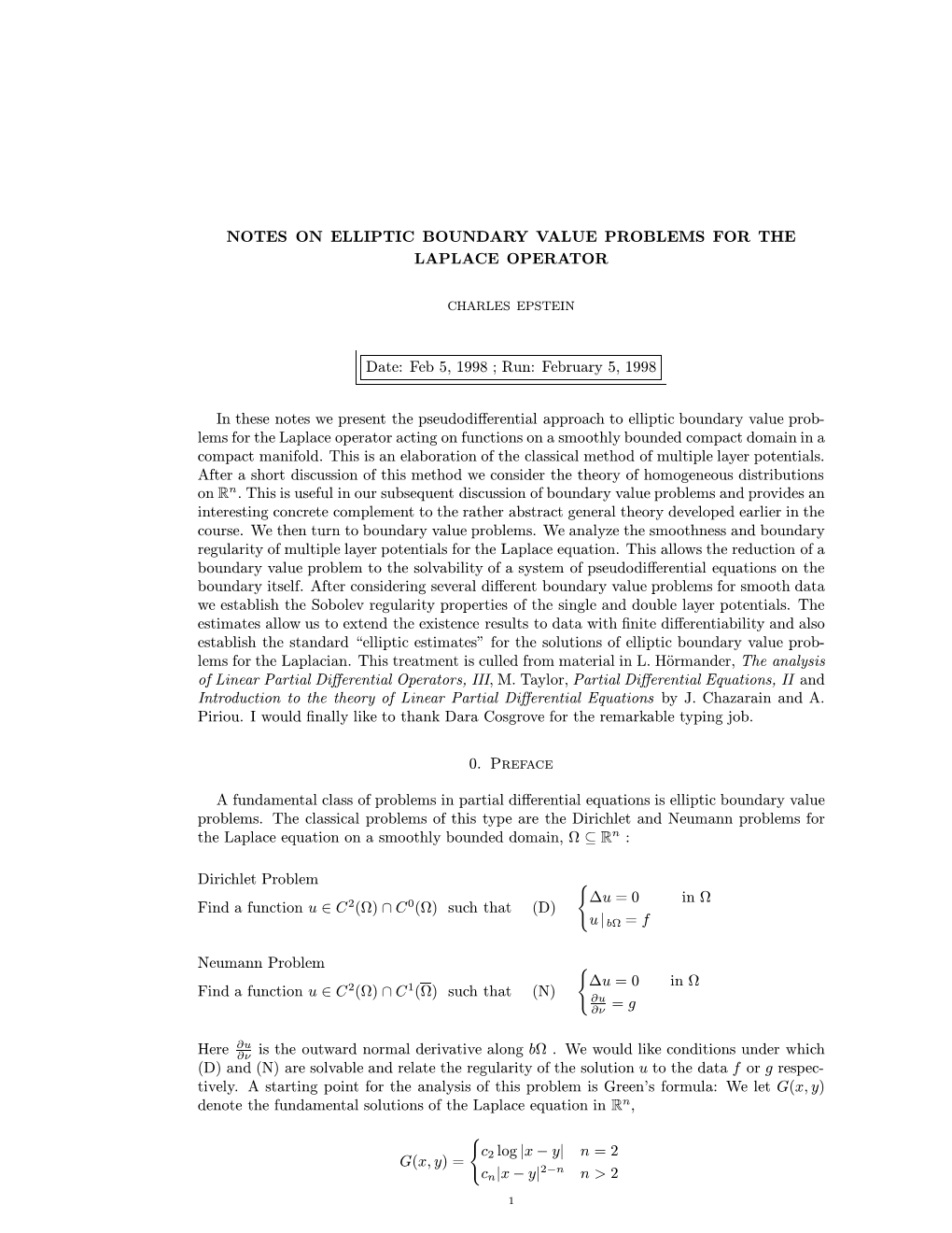 NOTES on ELLIPTIC BOUNDARY VALUE PROBLEMS for the LAPLACE OPERATOR Date