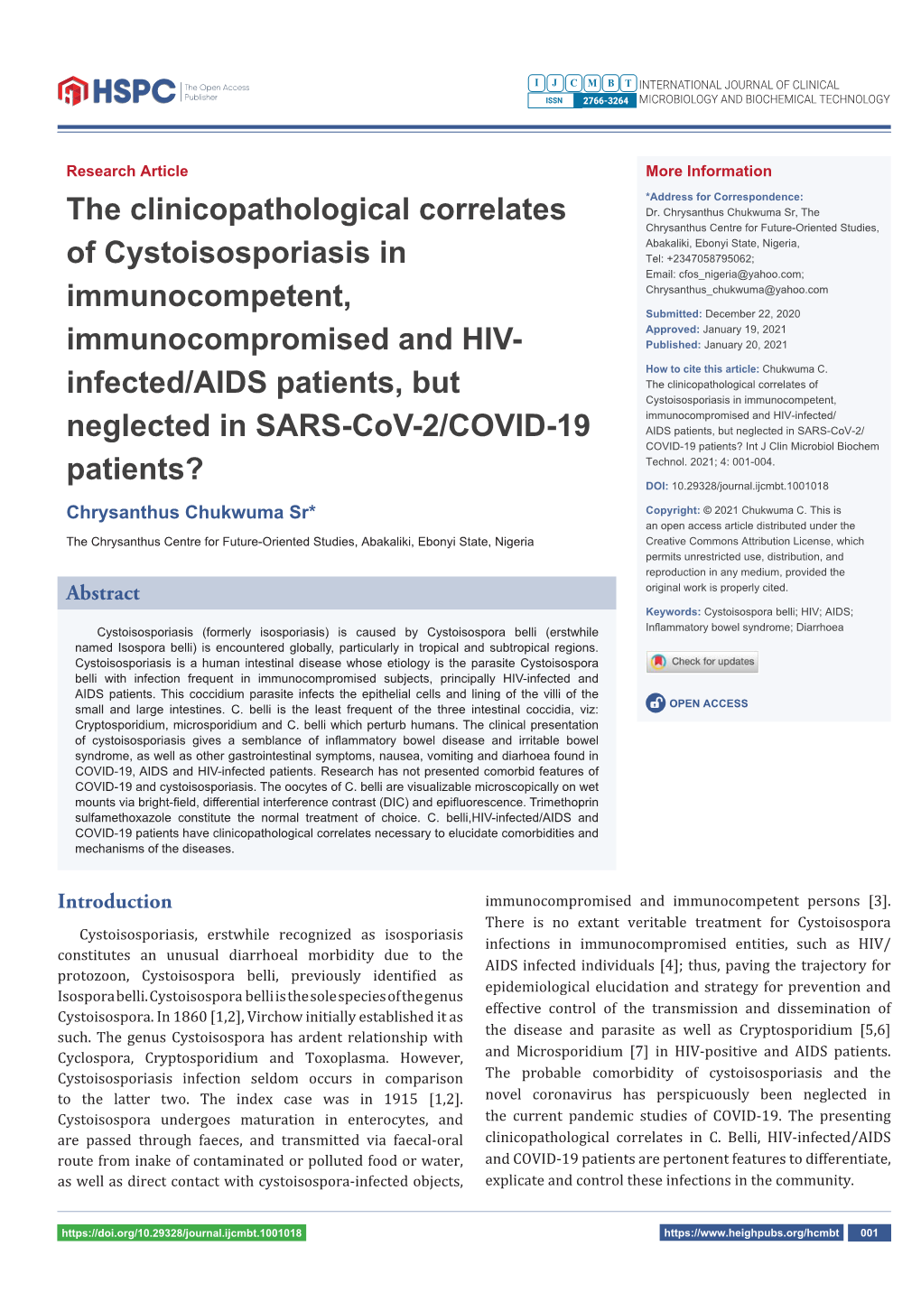 The Clinicopathological Correlates of Cystoisosporiasis In