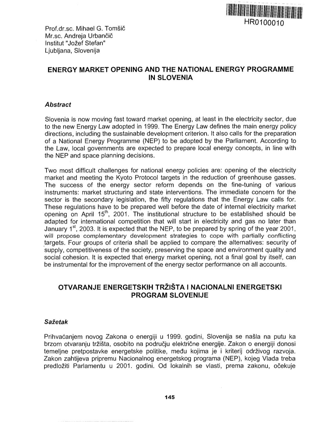 Energy Market Opening and the National Energy Programme in Slovenia