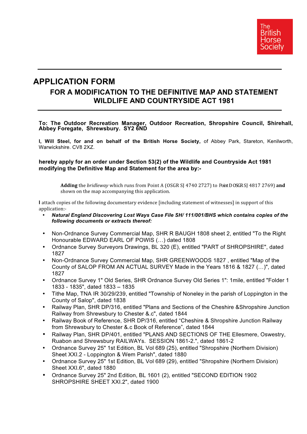 Application Form for a Modification to the Definitive Map and Statement Wildlife and Countryside Act 1981