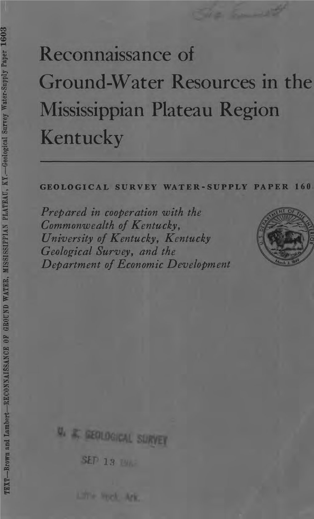 Reconnaissance of Ground-Water Resources in the Mississippian Plateau Region Kentucky