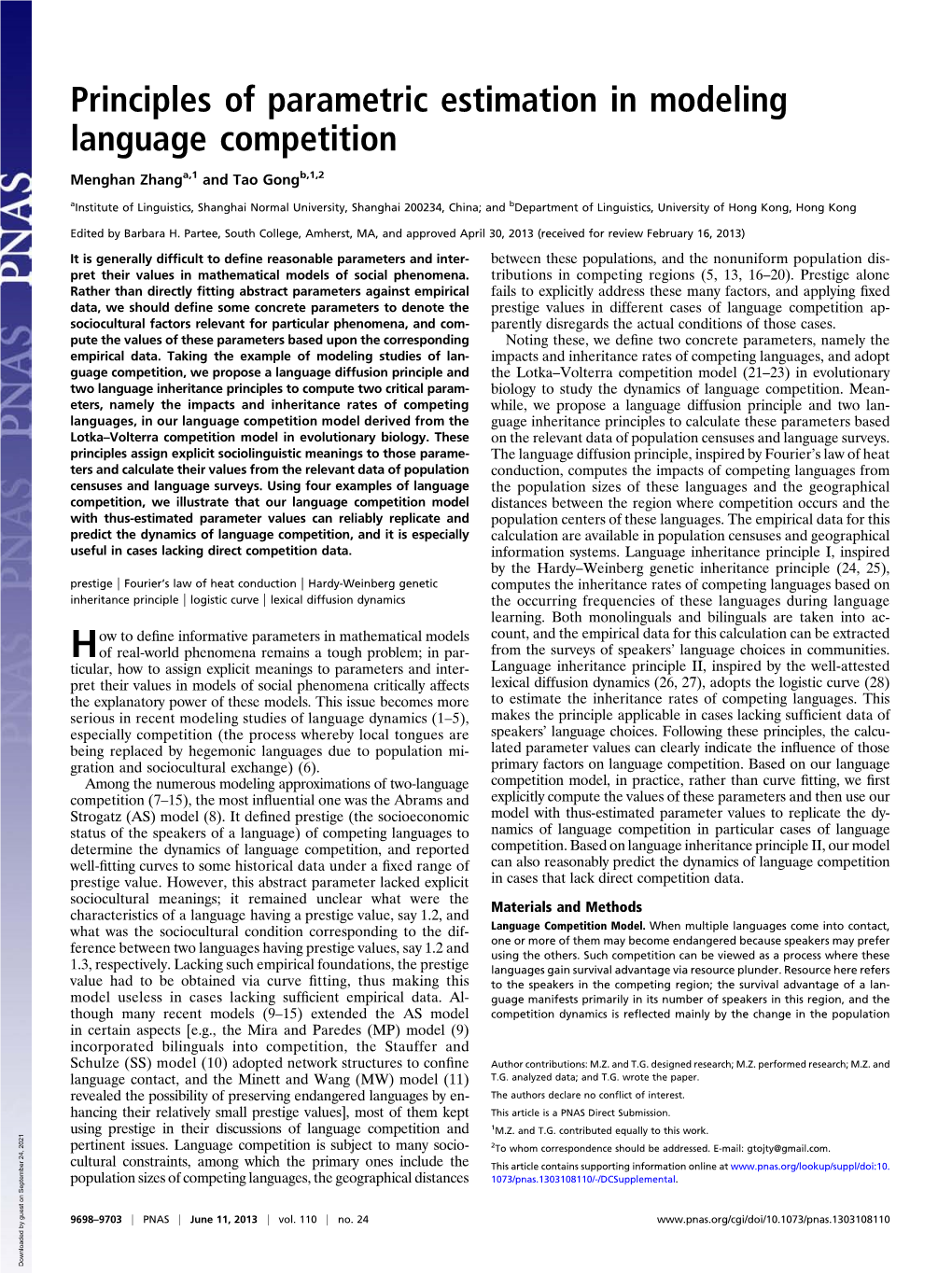 Principles of Parametric Estimation in Modeling Language Competition