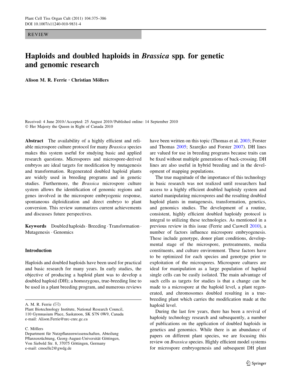 Haploids and Doubled Haploids in Brassica Spp. for Genetic and Genomic Research