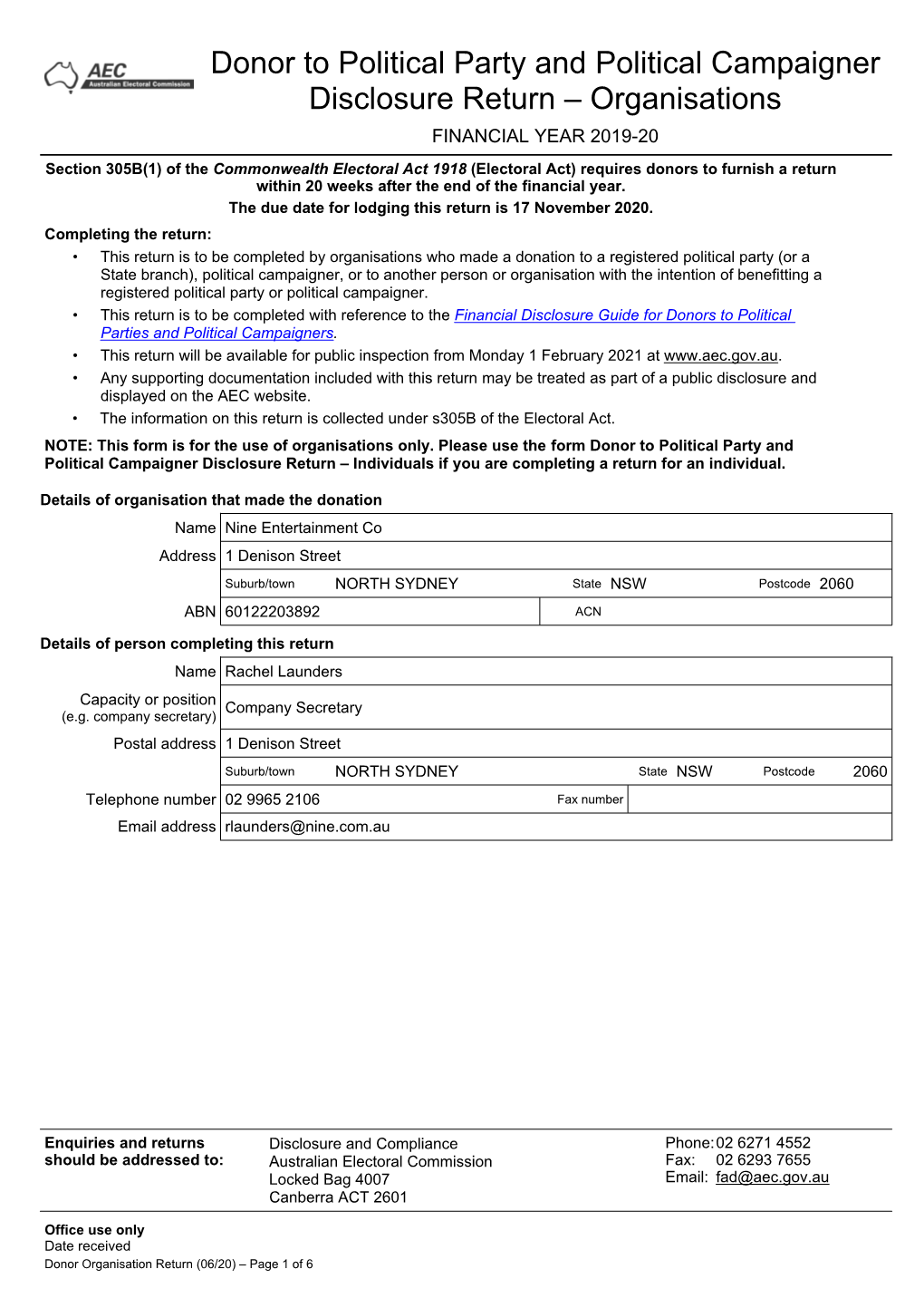 Organisation Donor Return for 2019-20