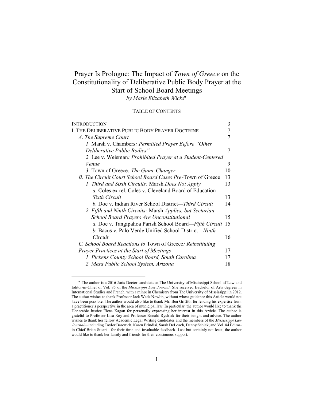 Prayer Is Prologue: the Impact of Town of Greece on the Constitutionality of Deliberative Public Body Prayer at the Start Of