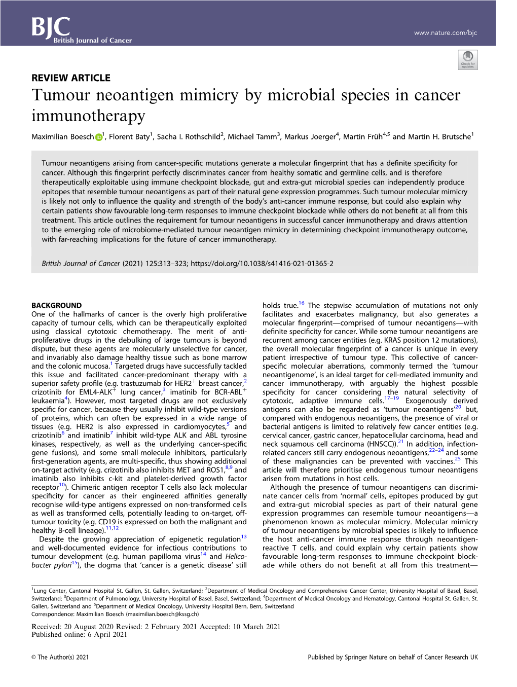 Tumour Neoantigen Mimicry by Microbial Species in Cancer Immunotherapy