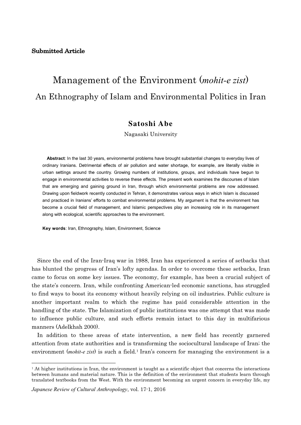 Management of the Environment (Mohit-E Zist) an Ethnography of Islam and Environmental Politics in Iran