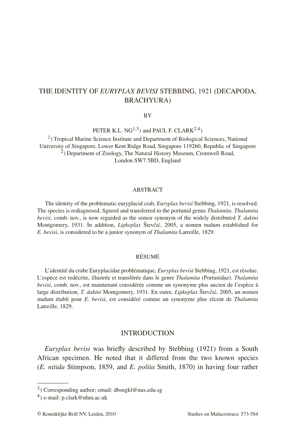 The Identity of Euryplax Bevisi Stebbing, 1921 (Decapoda, Brachyura)