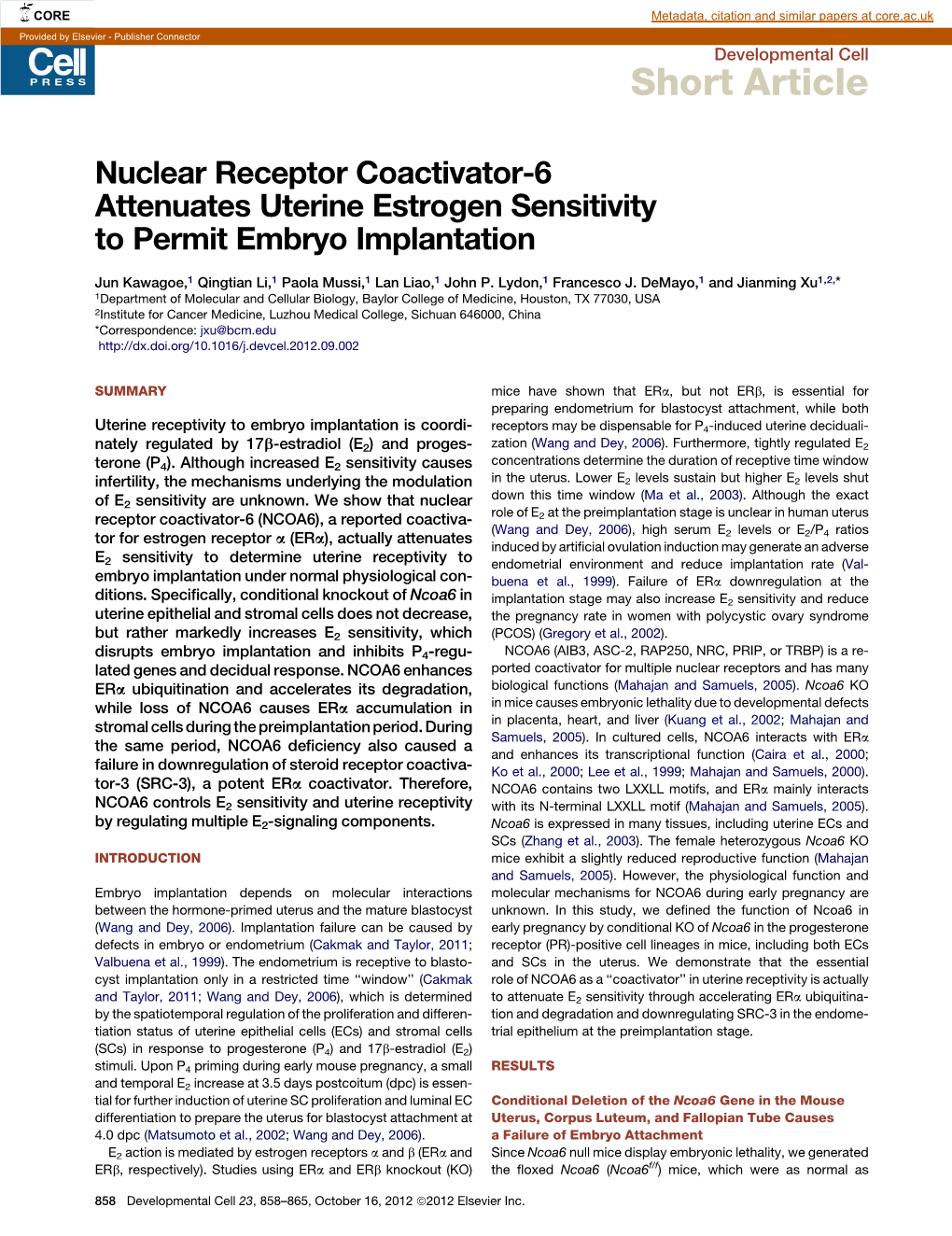 Nuclear Receptor Coactivator-6 Attenuates Uterine Estrogen Sensitivity to Permit Embryo Implantation