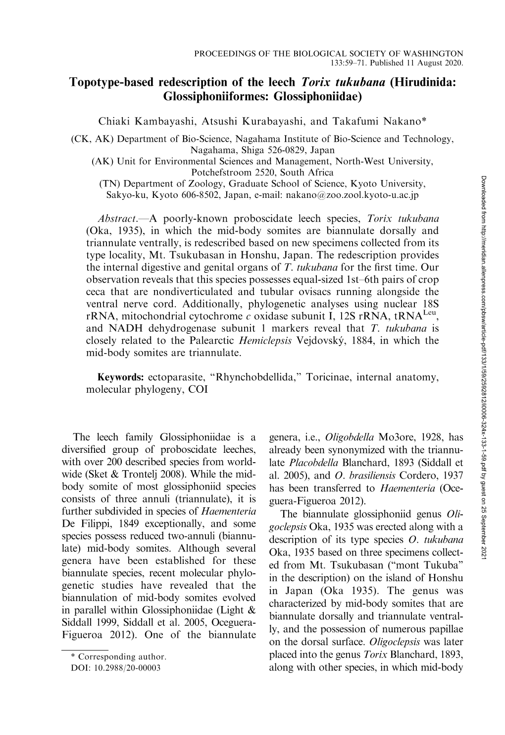 Topotype-Based Redescription of the Leech Torix Tukubana (Hirudinida: Glossiphoniiformes: Glossiphoniidae)