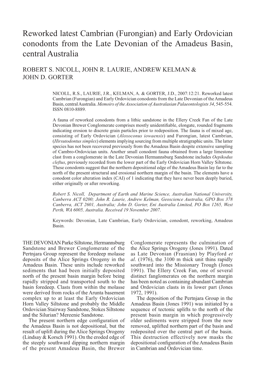 Reworked Latest Cambrian (Furongian) and Early Ordovician Conodonts from the Late Devonian of the Amadeus Basin, Central Australia