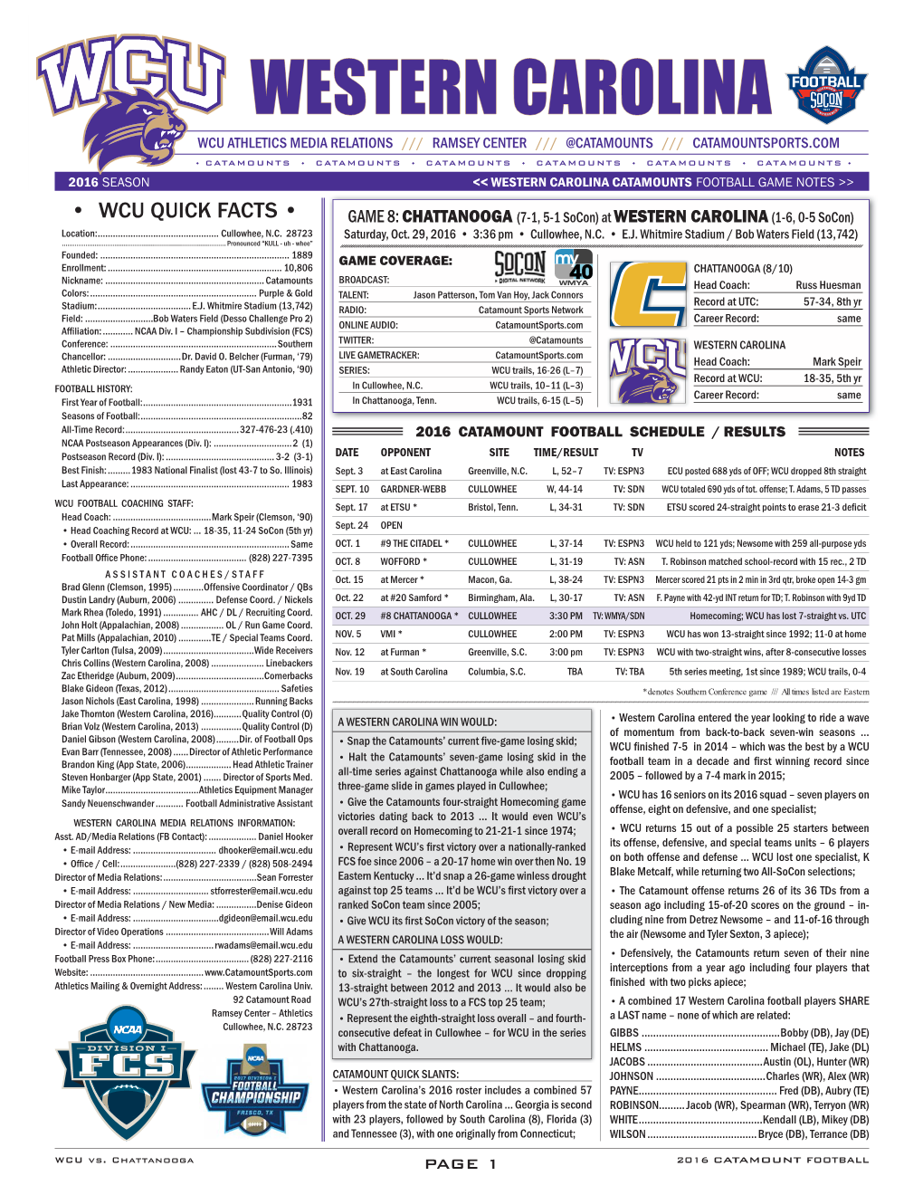 Western Carolina Catamounts Football Game Notes >>