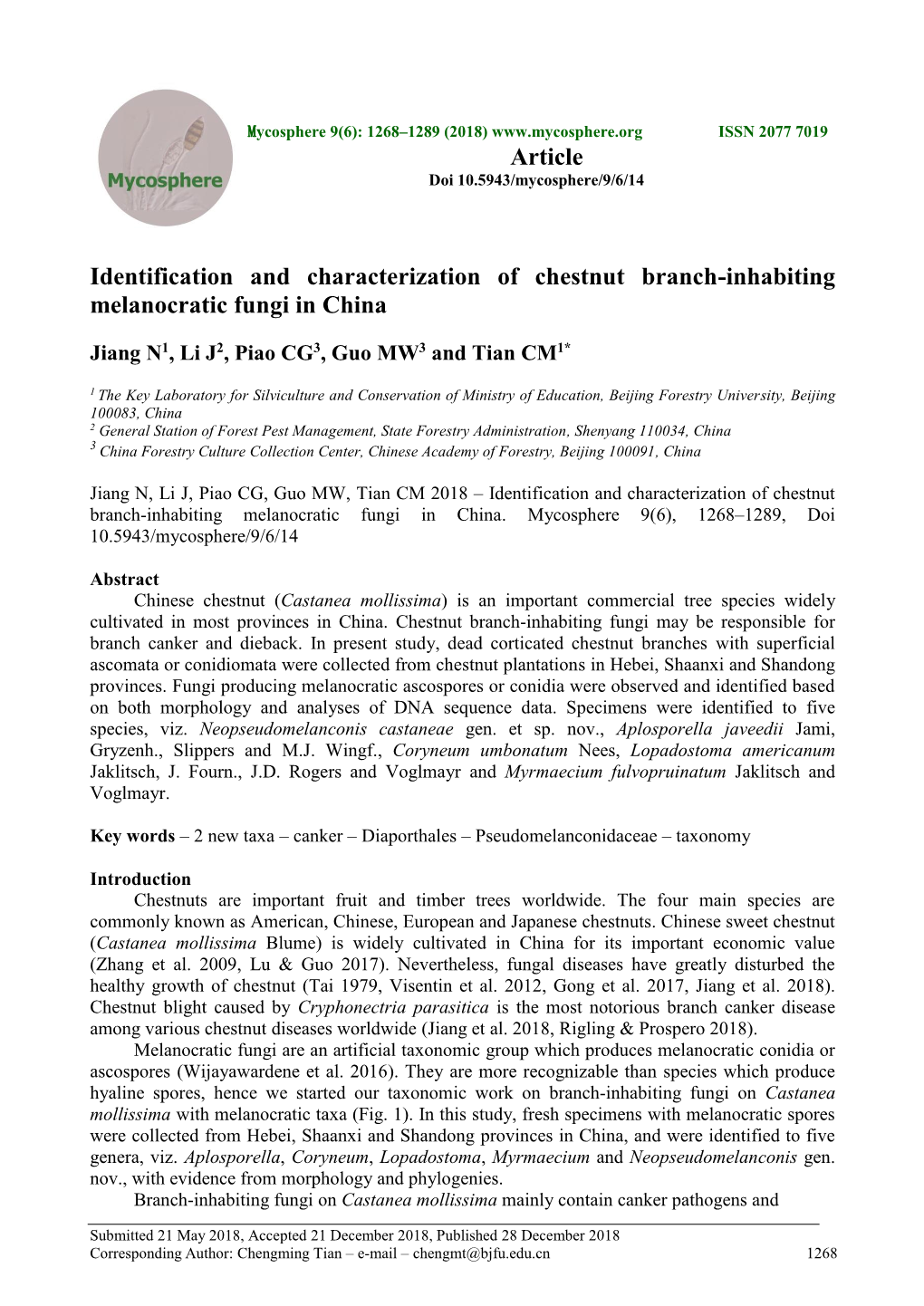 Identification and Characterization of Chestnut Branch-Inhabiting Melanocratic Fungi in China