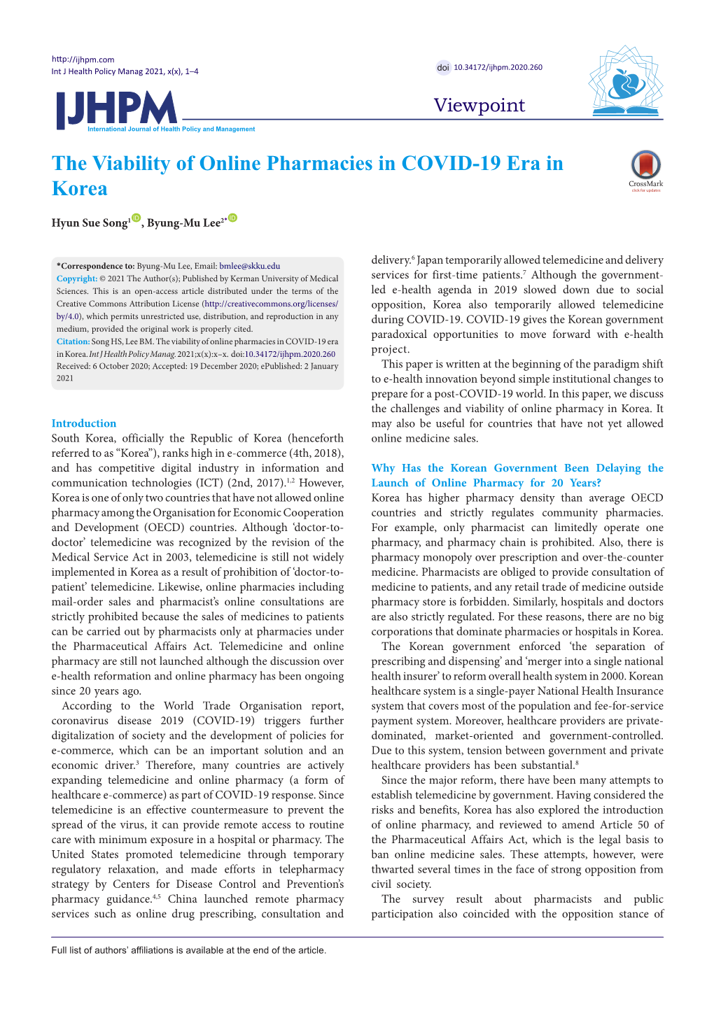 The Viability of Online Pharmacies in COVID-19 Era in Korea