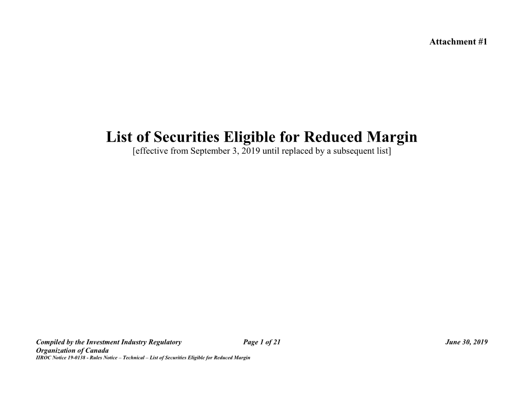 List of Securities Eligible for Reduced Margin [Effective from September 3, 2019 Until Replaced by a Subsequent List]