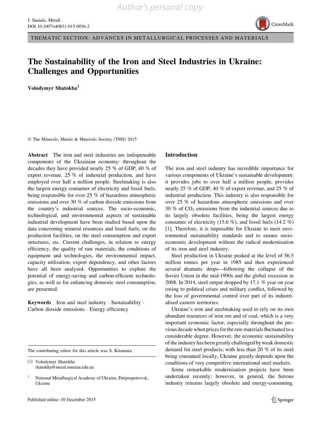 The Sustainability of the Iron and Steel Industries in Ukraine: Challenges and Opportunities