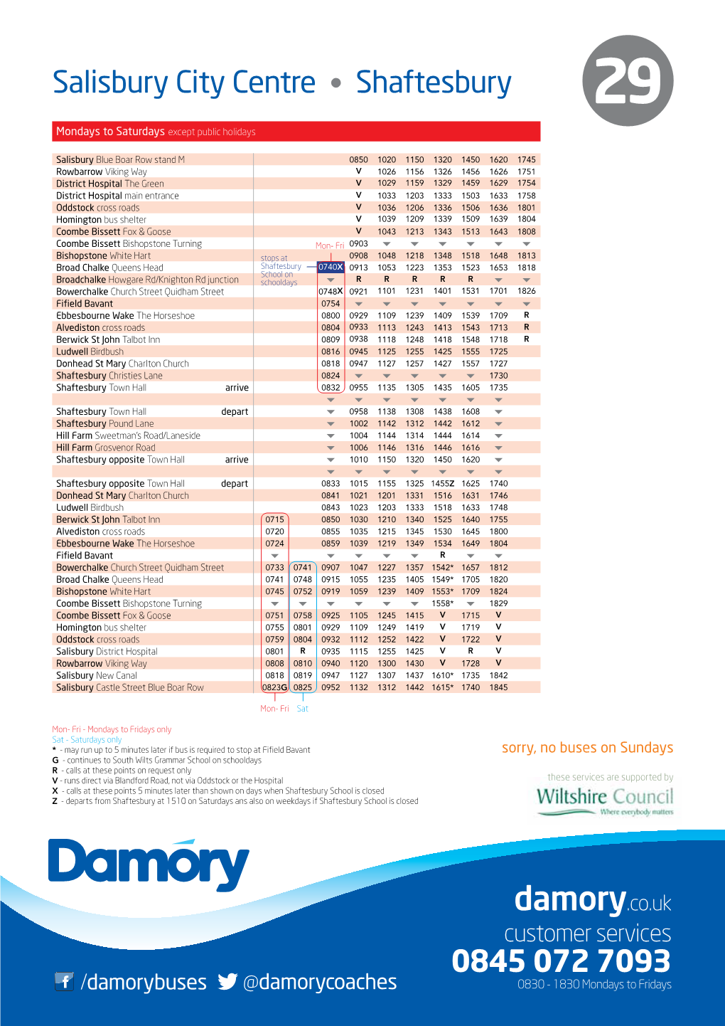 Damory.Co.Uk Customer Services 0845 072 7093 /Damorybuses @Damorycoaches 0830 - 1830 Mondays to Fridays