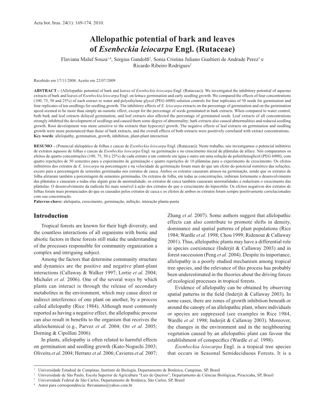 Allelopathic Potential of Bark and Leaves of Esenbeckia Leiocarpa Engl